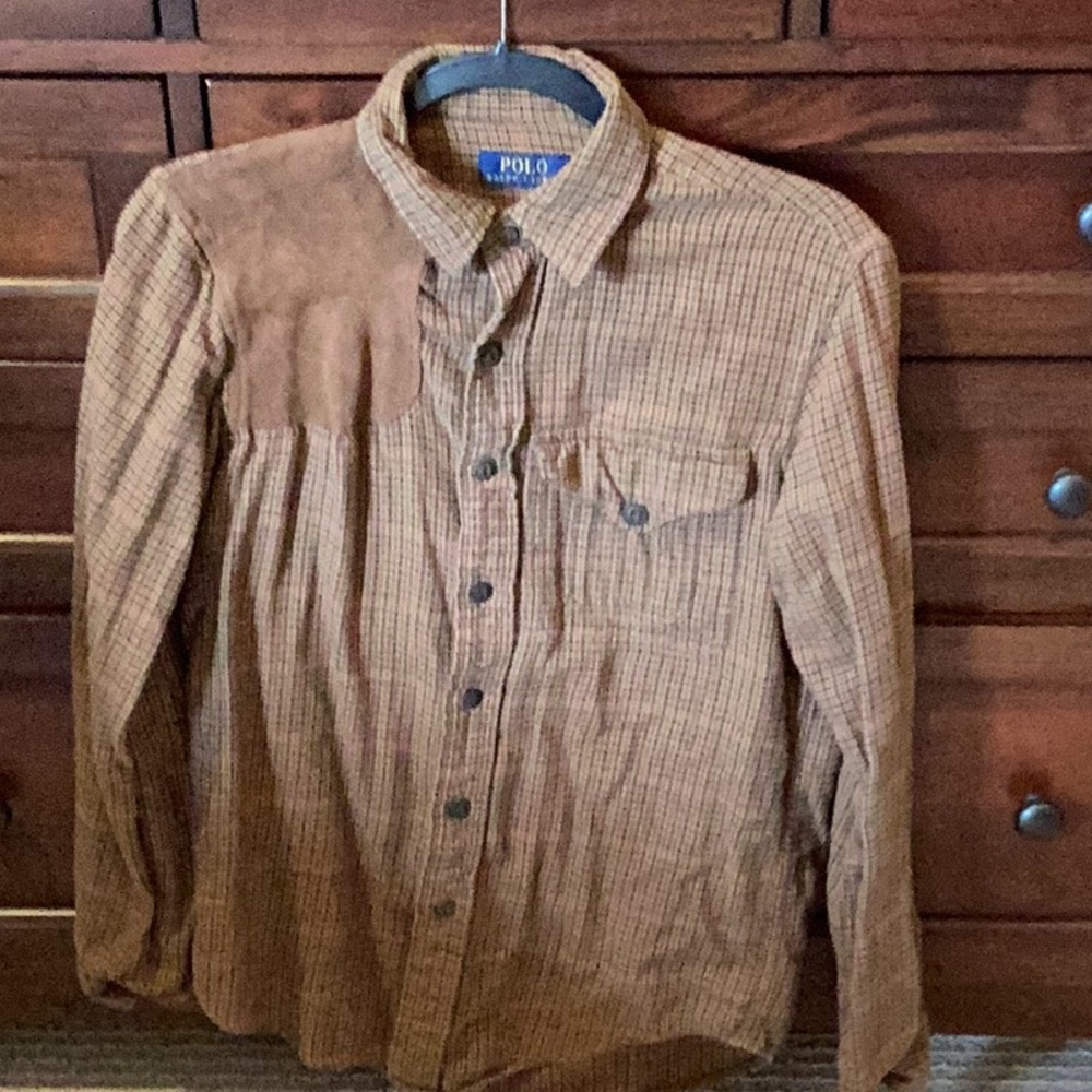 Men’s Polo by Ralph Lauren S brown plaid flannel with suede shoulder panel